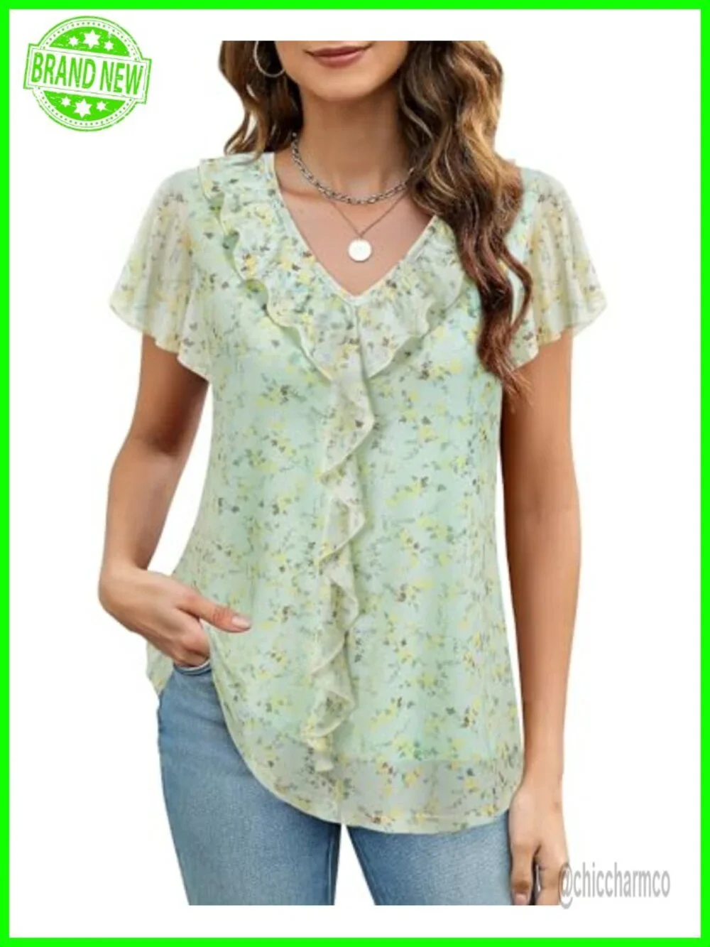 Ruffle V-Neck Short Sleeve Blouse Tunic Floral Peasant Top